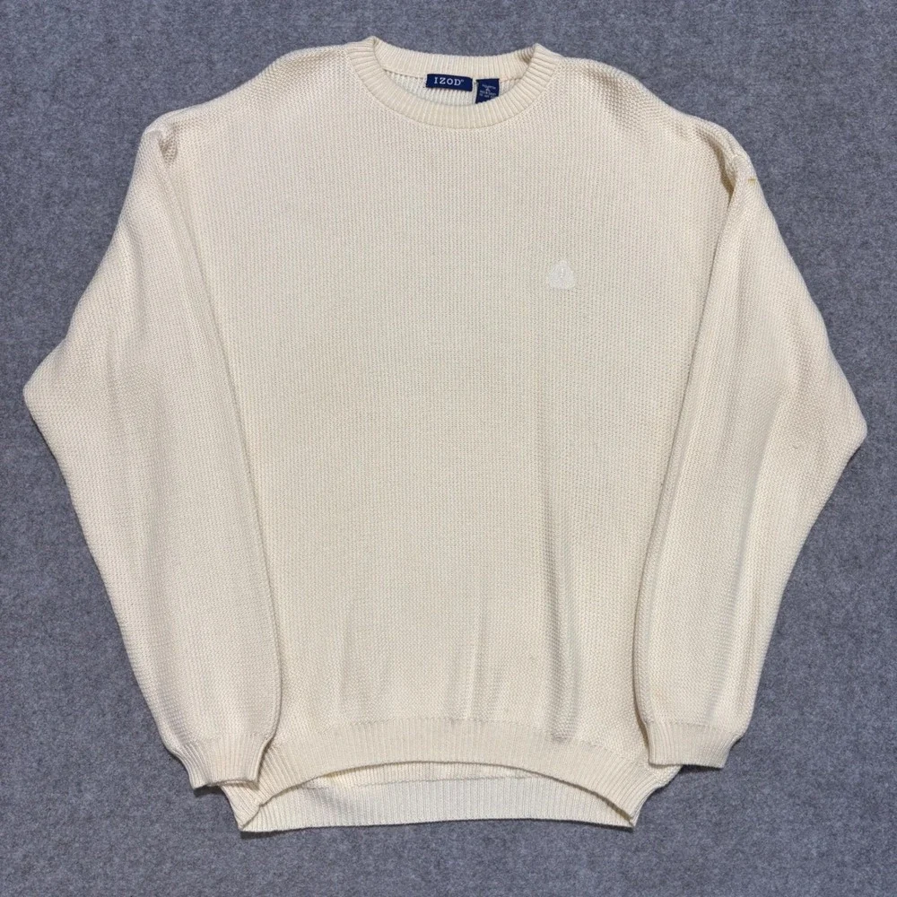 IZOD Mens XL Cream Off White Cotton Waffle Knit Crew Neck Sweater Tonal Logo